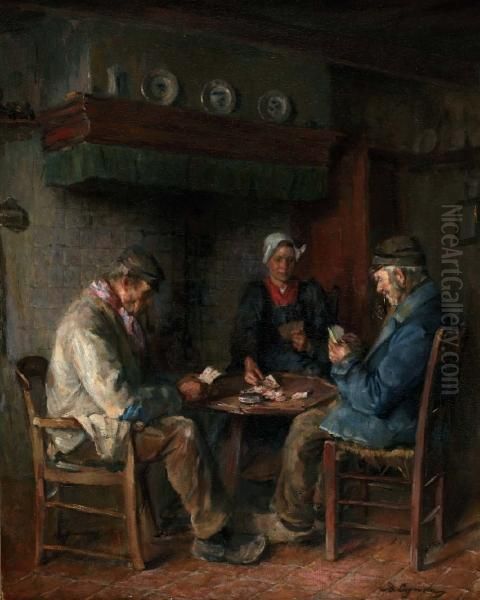 Kaartspelers In Boerenbinnenhuis Oil Painting by Baruch Lopez De Leao Laguna