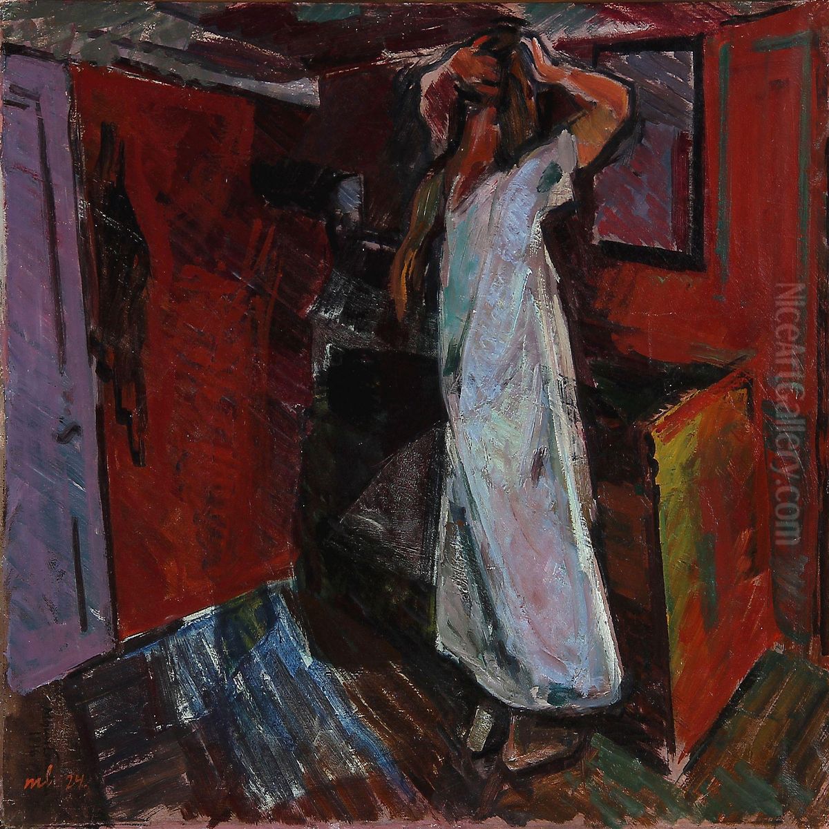 Girl Combing Her Hair Oil Painting by Mogens Lorentzen