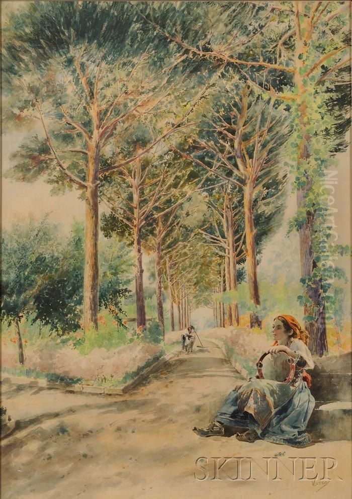 Seated Gypsy Girl With Tambourine Oil Painting by Vincenzo Loria