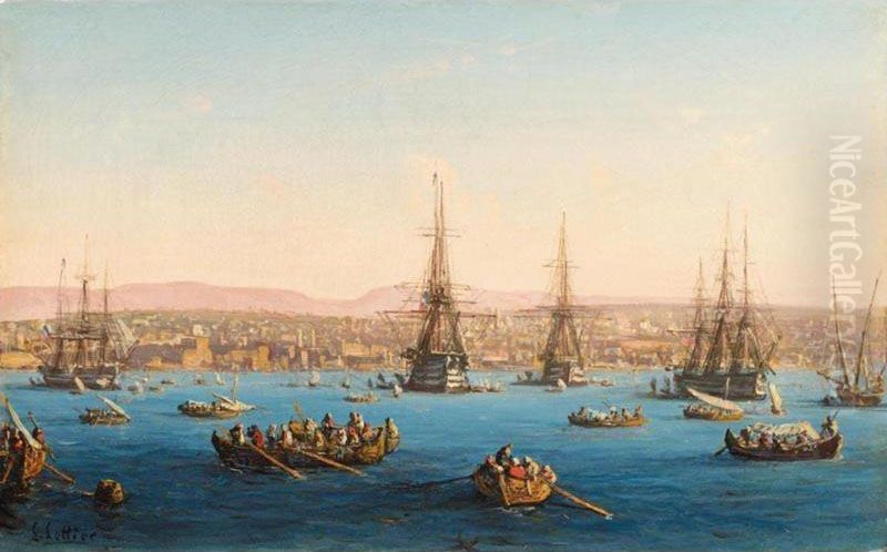 Fleet Of Ships Before A Turkish Coastal Town Oil Painting by Louis Lottier