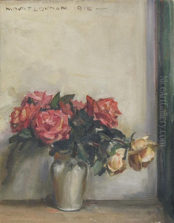 Red And Cream Roses In A Vase Oil Painting by William Mouat Loudan