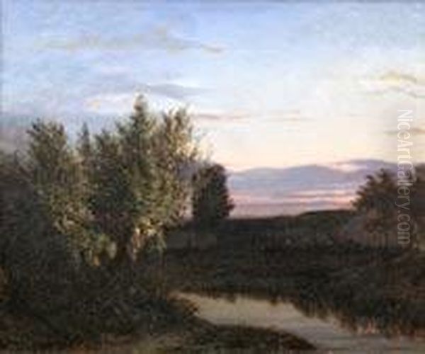 crepuscule Sur L'etang Oil Painting by Louis-Nicolas Louis (Victor Louis)