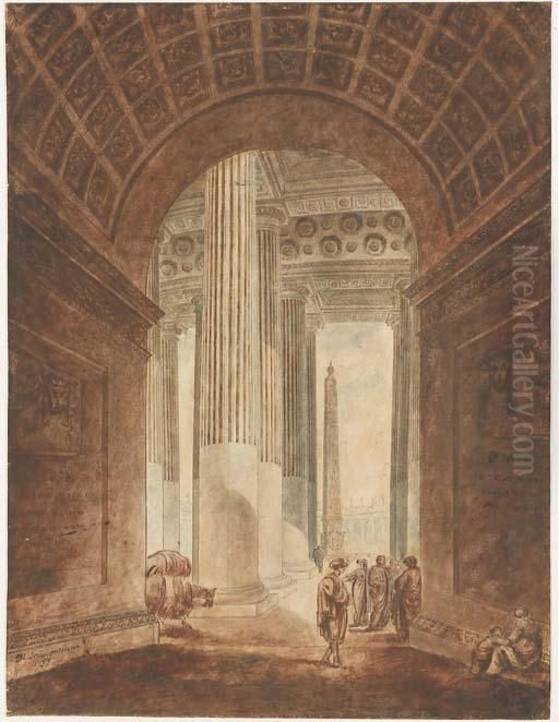 The Colonnade Of The Piazza Of Saint Peter's, Rome, With Theobelisk Seen Through An Arch Oil Painting by Louis-Nicolas Louis (Victor Louis)