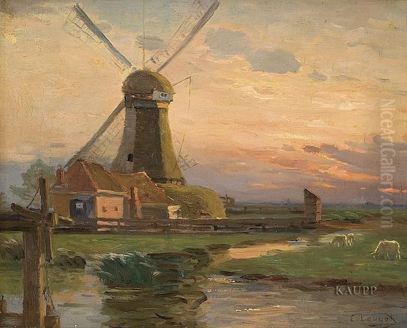 Vom Licht Der Untergehenden Sonne Stimmungsvoll Gefarbte Hollandische Landschaft Mit Windmuhle Und Grasenden Ziegen Oil Painting by Edmond Louyot