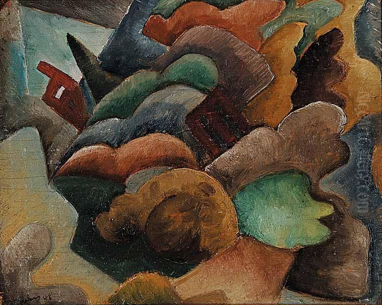 Untitled - Homes In The Hills Oil Painting by Kenneth Loveless