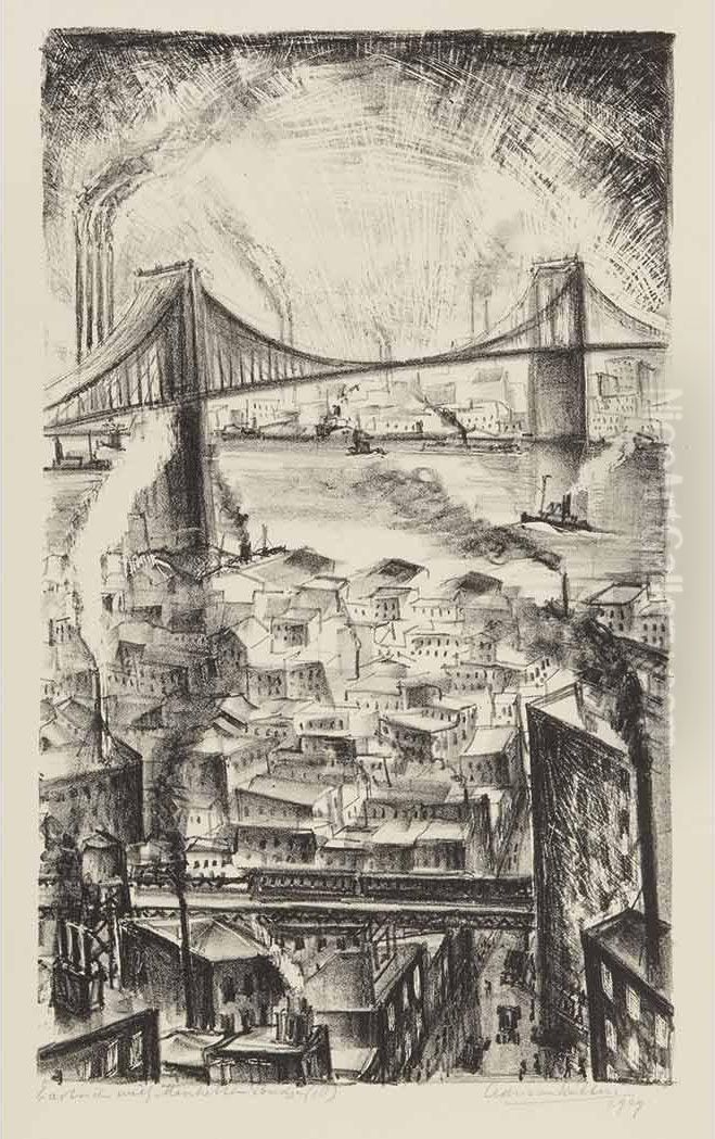 Eastside With Manhattan Bridge Oil Painting by Adriaan Lubbers