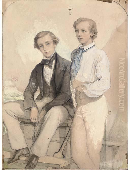 A Portrait Of Arthur And Kenneth Deighton With Their Cricket Bat Oil Painting by Albert Ludovici