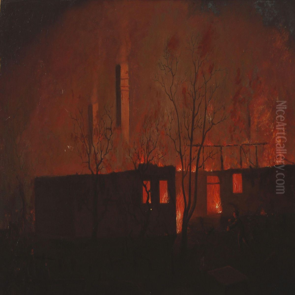 Fabriksbrandkobenhavn Oil Painting by Carl Ludvig Petersen