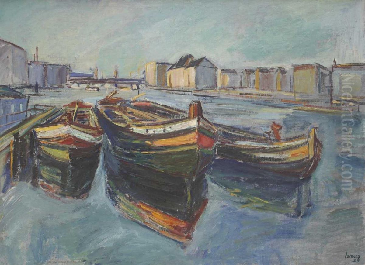 Schleppkahne Auf Einem Berliner Kanal Oil Painting by Jonas Ludwig