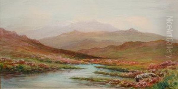 Highland Heather Moorland Views With Mountain Backdrops Oil Painting by Robert James Lugg
