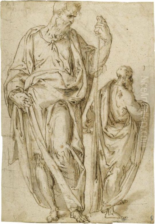 Two Standing Figures, One Holding A Staff In His Left Hand Oil Painting by Aurelio Luini