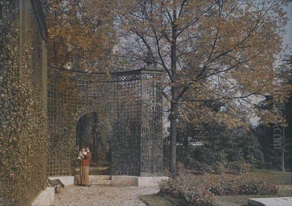 A Large Autochrome Depicting A Woman Standing With A Dog In Front Of A Great Latticed Gate Oil Painting by Lumiere Auguste & Louis