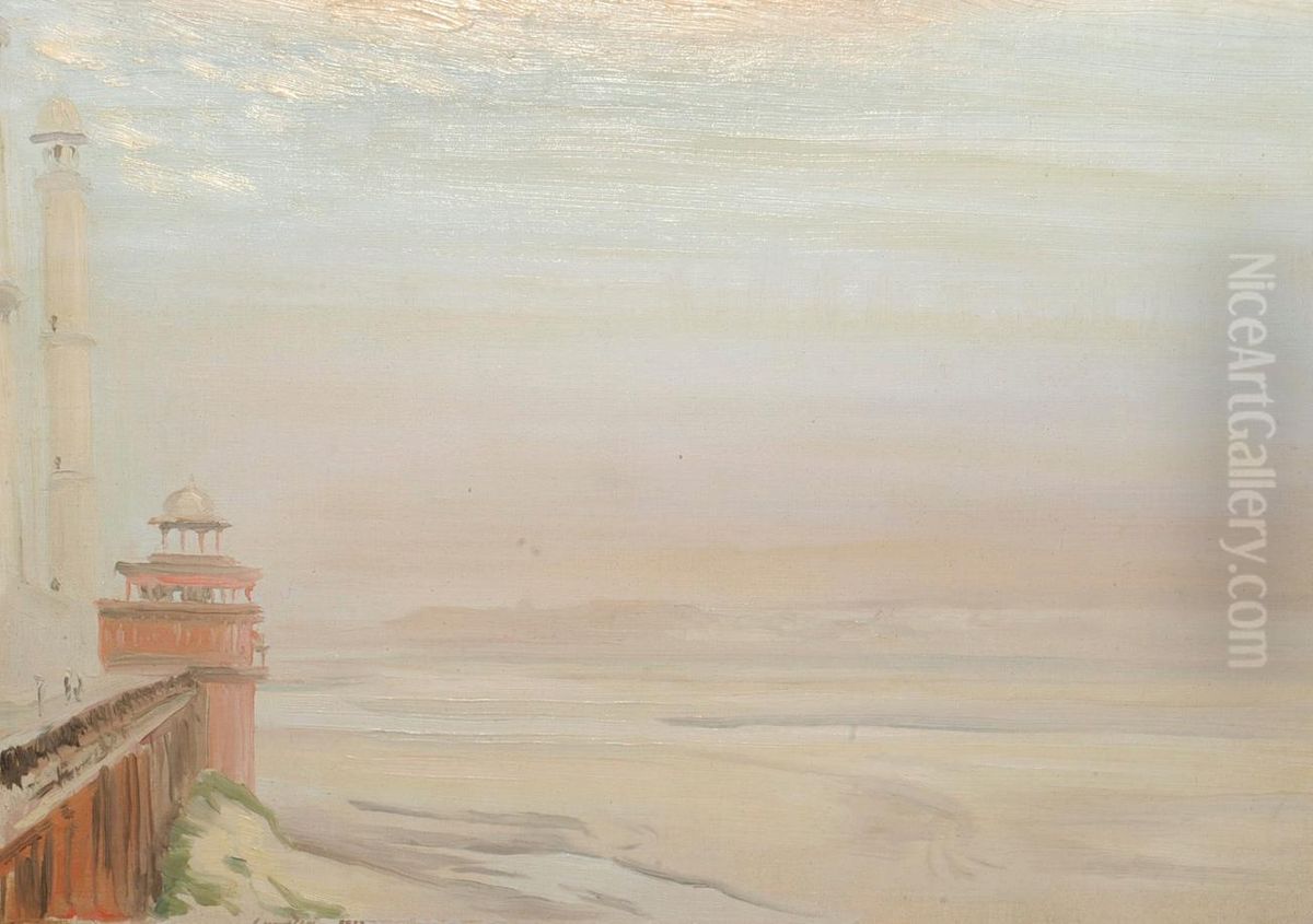 Estuary Scene In India, With Figures On A Quayside Oil Painting by Ernest S. Lumsden