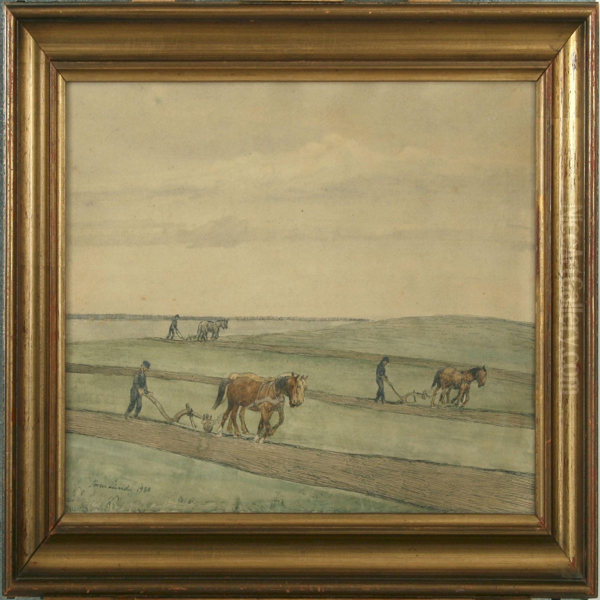 Field Scenery With Farmers Oil Painting by Soren Lund
