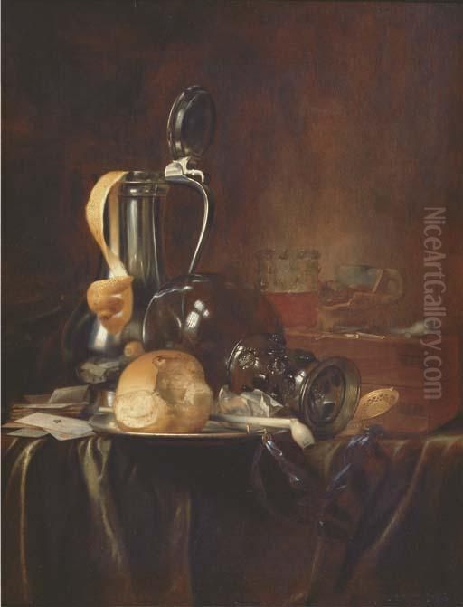 A Pewter Jug And Cover With A Peeled Lemon Oil Painting by Simon Luttichuys