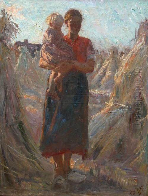 Moeder Met Kind Op Het Veld - Mere Et Enfant Au Champ. Oil Painting by Henri Jean Luyten
