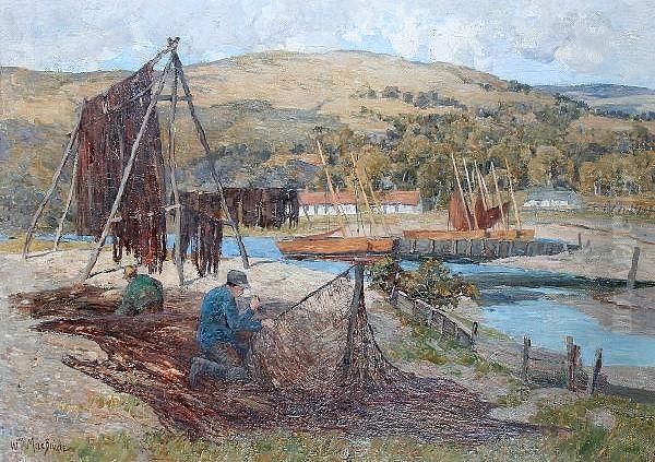 Fishermen Tending Their Nets By A River Oil Painting by William Macbride