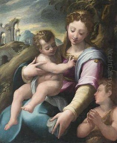 The Madonna And Child With The Infant Saint John Oil Painting by Girolamo Del Crocifissaio (see Macchietti)