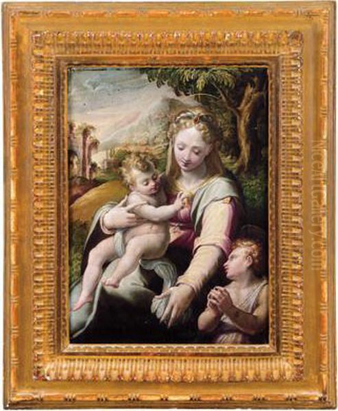 Madonna Con Il Bambino E San Giovannino In Un Paesaggio Oil Painting by Girolamo Del Crocifissaio (see Macchietti)