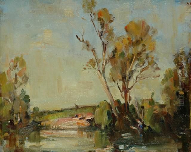 Norman Mcgeorge River Landscape With Cattle Grazingoil On Board Signed 'norman Mcgeorge' Lower Right Oil Sketch Of Alandscape Painted Verso 27 X 33 Cm Housed In A Thallon Frame Oil Painting by Normann Macgeorge