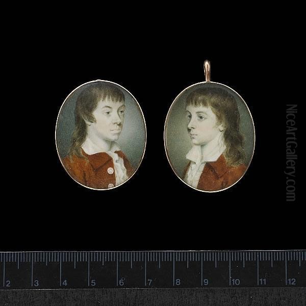 A Pair Of Portraits Of Brothers, Both Wearing Tan Coats, One With White Buttons, White Waistcoats And Chemises With Small Collars. Oil Painting by Patrick J. Macmoreland