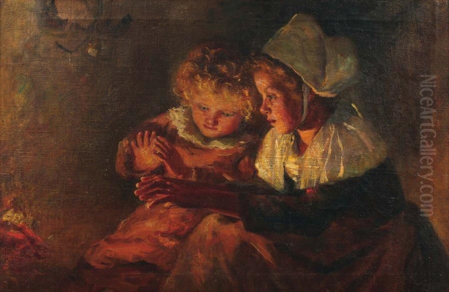 Deux Jeunes Enfants A La Chandelle Oil Painting by Margaret Campbell Macpherson