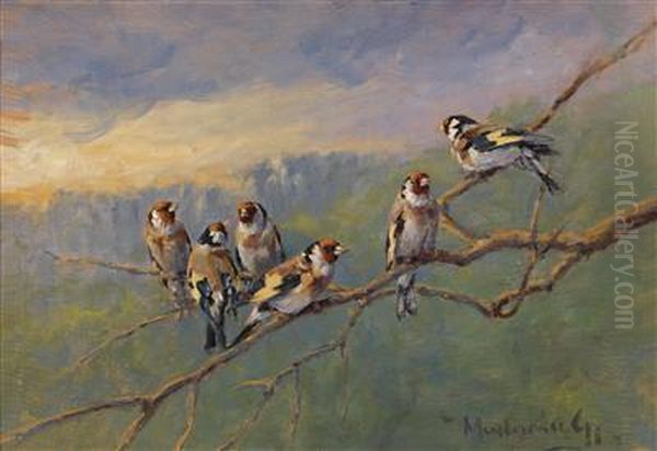 Tits Sitting On A Branch Oil Painting by Gyula Madarasz