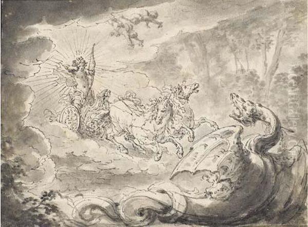 Un Putto Dans Un Char Tirant A L'arc Sur Un Dragon Oil Painting by Godfried Maes