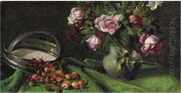 Natura Morta Con Cigliege E Rose Oil Painting by Gianni Maimeri