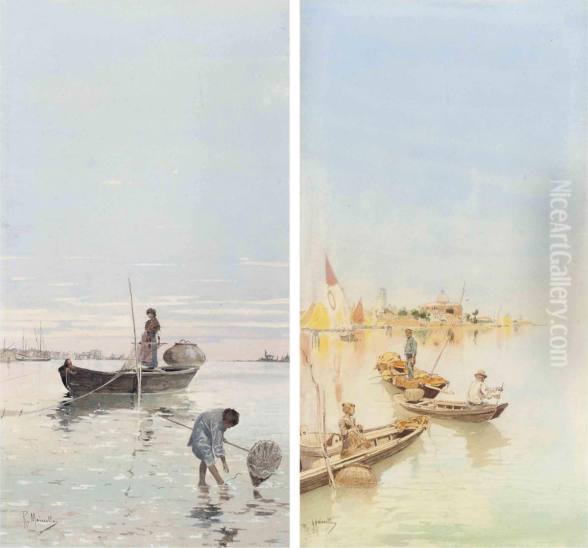 Fishing On The Venetian Lagoon Oil Painting by Raffaele Mainella