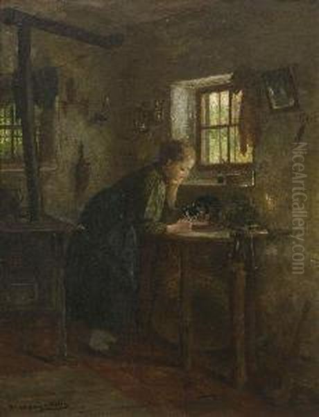 Madchen Beim Futtern Der Katze Oil Painting by Gustav Majer