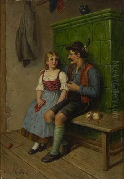 Bursch Und Dirndl Am Ofen. Oil Painting by Johann Makloth