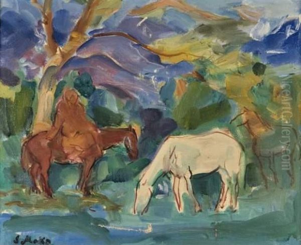 Cavaliere Et Chevaux Sous Un Arbre Oil Painting by Sergej Alexandrow. Mako