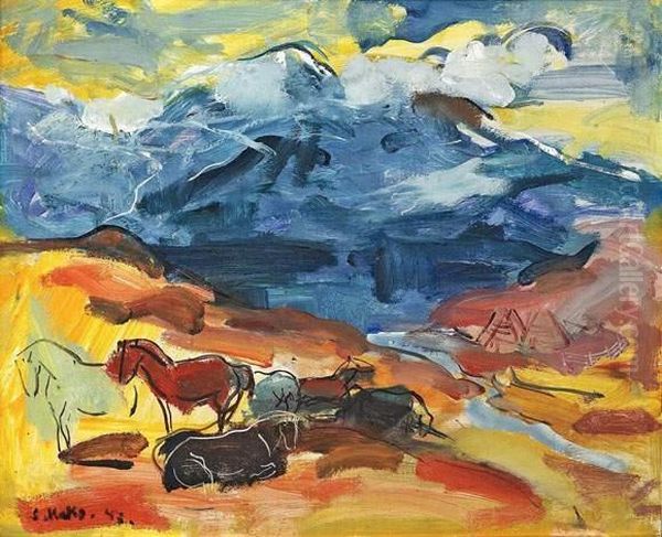 Chevaux Au Bord D'une Riviere. Oil Painting by Sergej Alexandrow. Mako