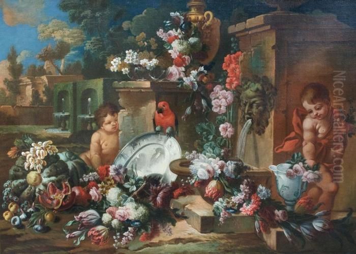 Natura Morta Con Putti, Fiori, Frutta Everdura Oil Painting by Nicola Malinconico