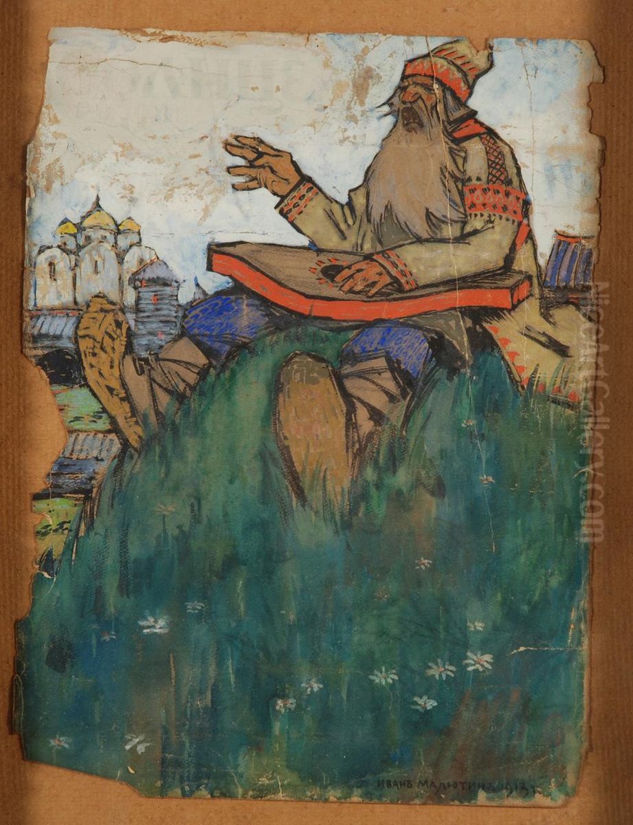 Cantastorie Con Paesaggio Russo Sullo Sfondo Oil Painting by Ivan Maljutin