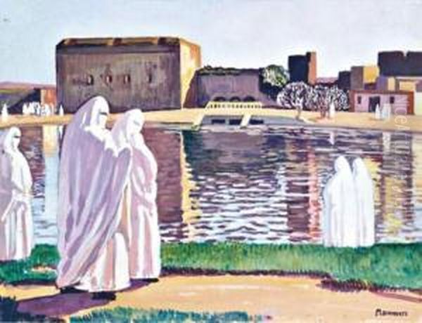 Femmes En Blanc Au Bord D'un Bassin Oil Painting by Azouaoui Mammeri