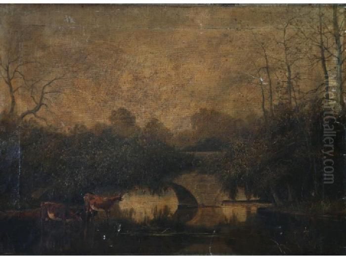 River Landscape With Stone Bridge And Cattle At Water Oil Painting by William Henry Mander