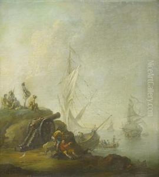 A Rocky Coast With Soldiers Beside A Canon Oil Painting by Adriaen Manglard