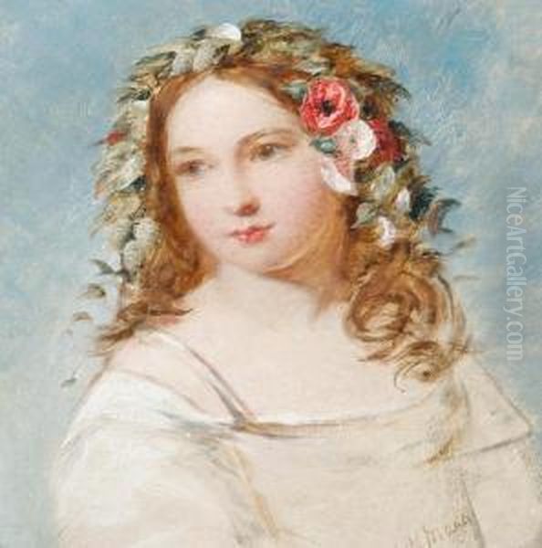 Girl With Flowers In Her Hair Oil Painting by Joshua Hargrave Sams Mann