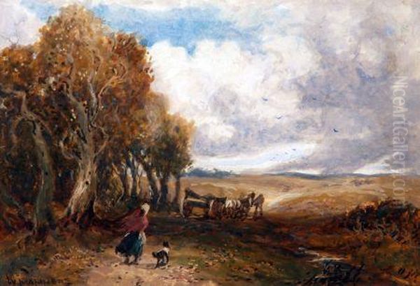 Figures, Horse And Cart With Dog In Windswept Landscape Oil Painting by William Manners