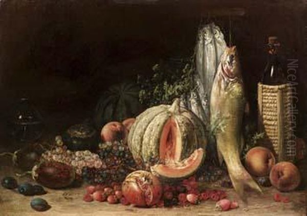 Natura Morta Con Pesci, Zucca, Frutti E Bottiglia Di Vino Oil Painting by Ignazio Manzoni