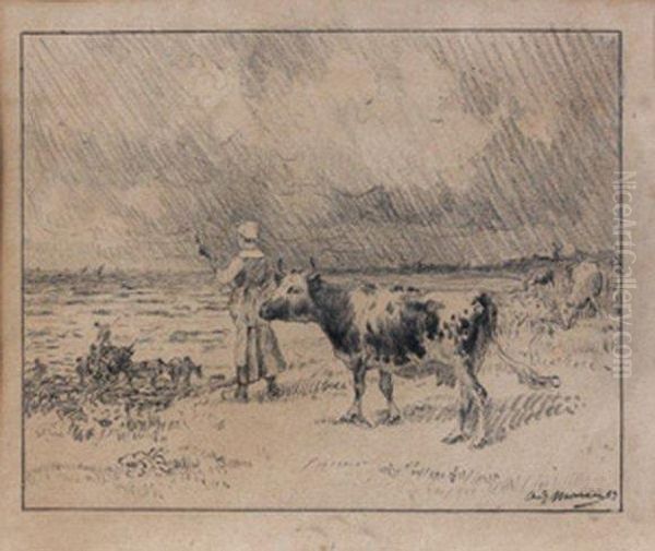 Jeune Fermiere Et Ses Vaches Devant La Mer Oil Painting by Adolphe Charles Marais