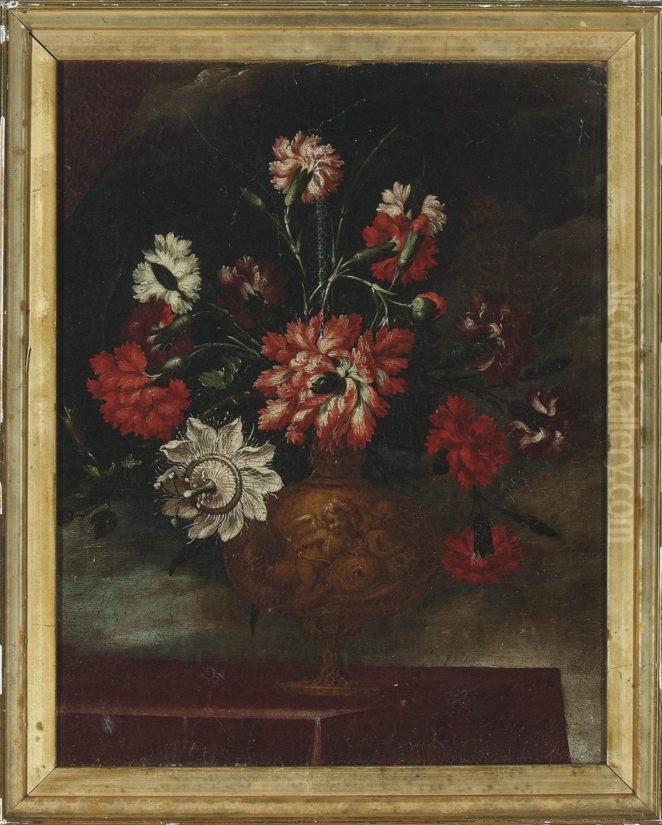 Carnations And Passion Flowers In An Urn On A Ledge Oil Painting by Elisabetta Marchioni