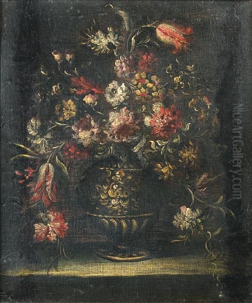 Roses, Tulips, Narcissi And Other Flowers Inan Urn On A Stone Ledge Oil Painting by Elisabetta Marchioni