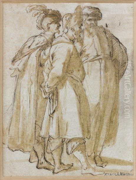 Trois Orientaux En Pied Plume Et Encrebrune Oil Painting by Giovan Battista Marcola