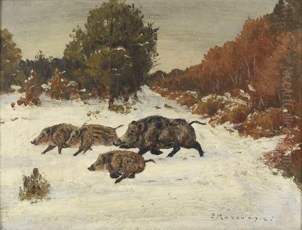 Sangliers Dans La Neige Oil Painting by Paul Marcueyz