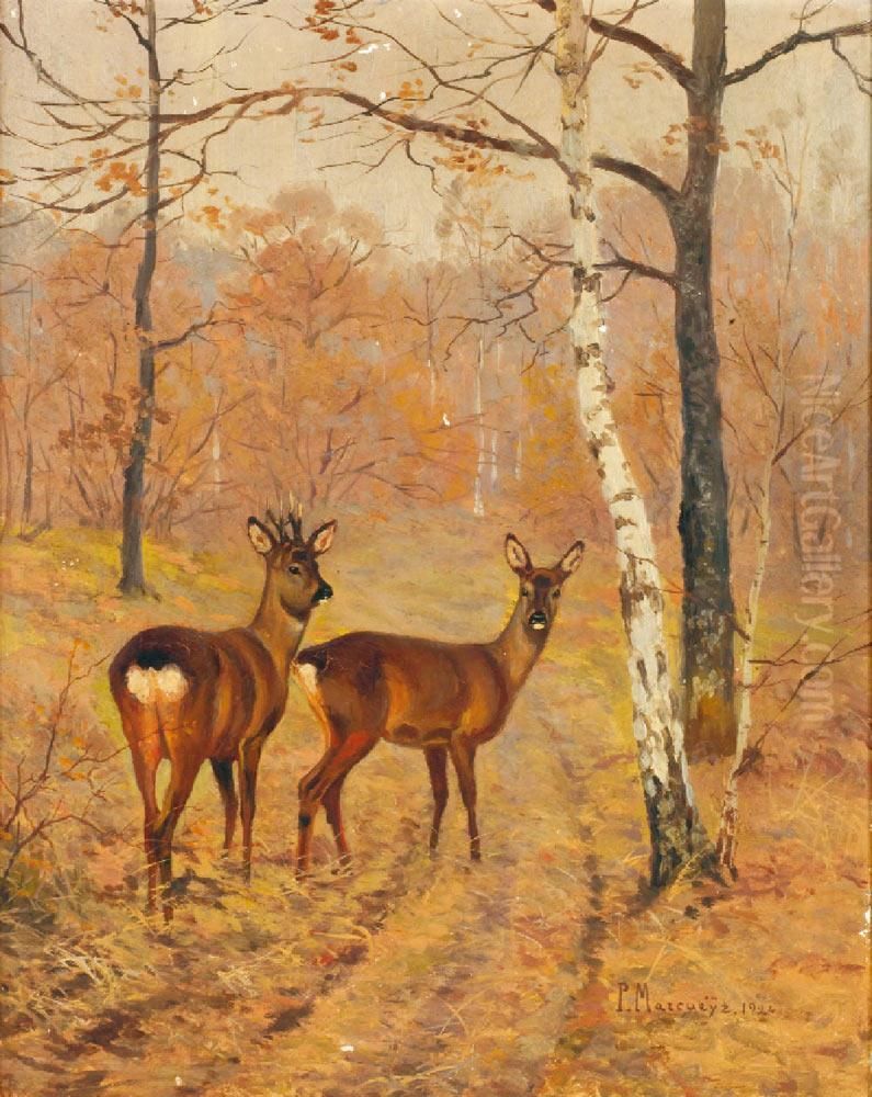 Brocard Et Chevre Aux Aguets A L'oree Du Bois Oil Painting by Paul Marcueyz