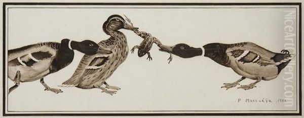 Canards Se Disputant Une Grenouille Oil Painting by Paul Marcueyz