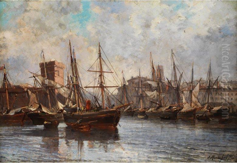 Hafenbecken Mit Anliegendenseglern Oil Painting by Emile Raphael Marechal